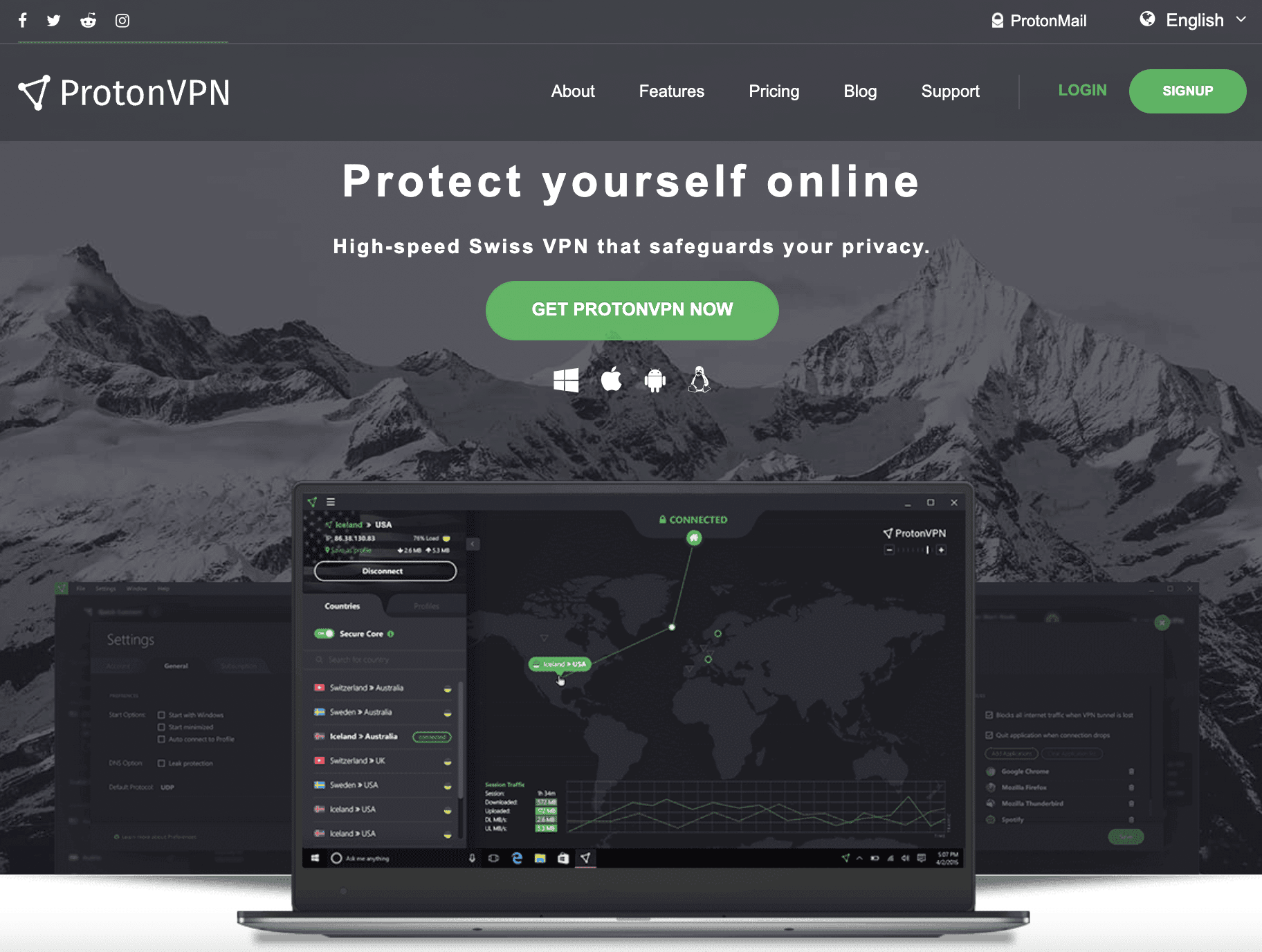 ProtonVPN 客户端下载界面 - 全平台 VPN 软件 Win/Mac/iOS/Android